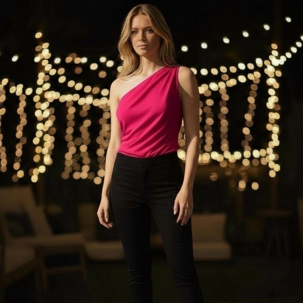 Elodie‎ One-Shoulder Draped Bodysuit – Fuchsia Pink (Size S, NWT)
